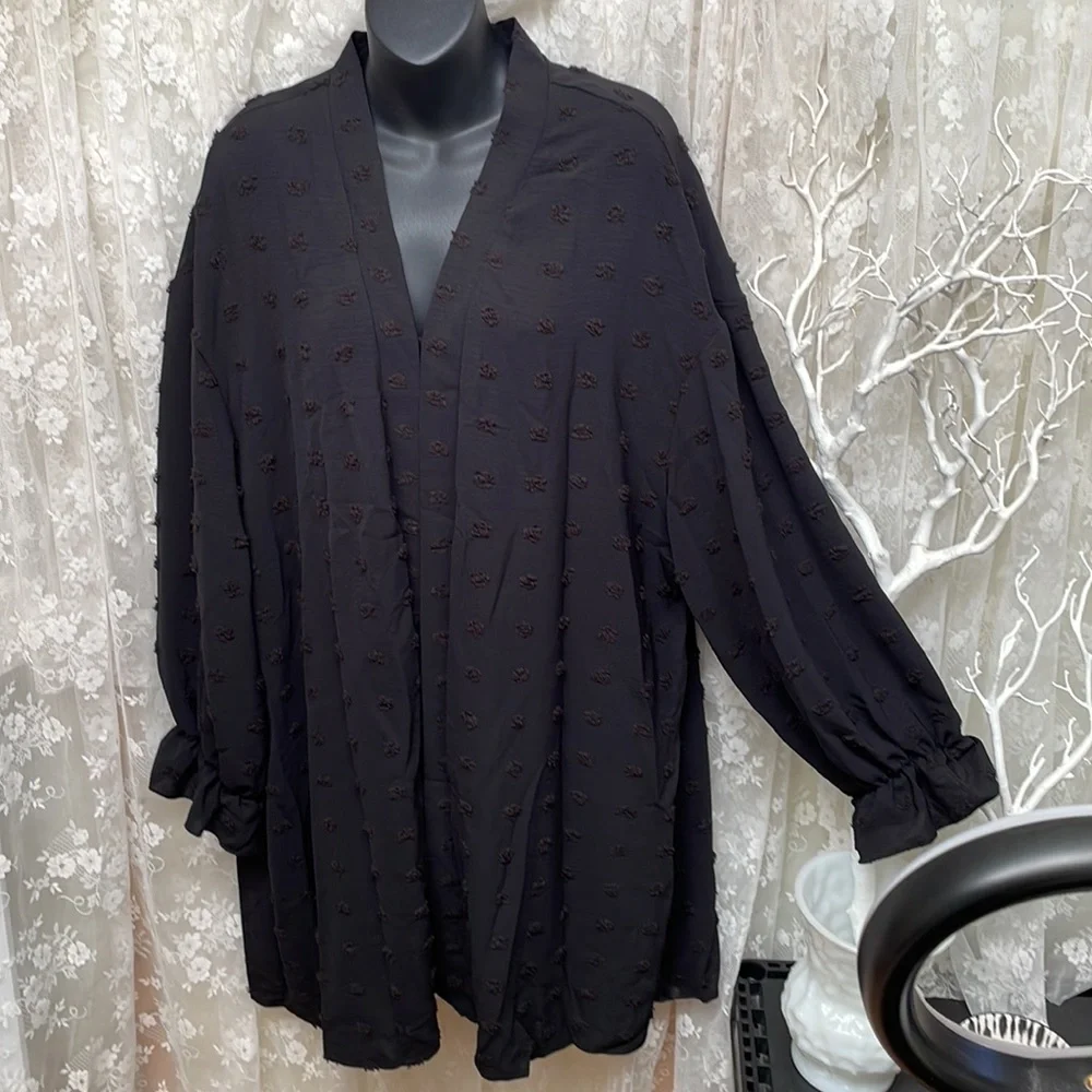 Deep Black Sheer Swiss Dot Kimono Cardigan Blouse - Picture 1 of 9